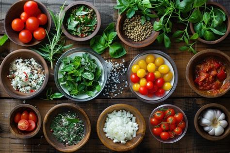 Preparar Comida Con Hierbas Y Especias Frescas Sobre Un Fondo De Madera