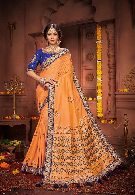 Light Orange Silk Saree Embroidered Lace Border With Embroidered Blouse Brithika Luxury Fashion