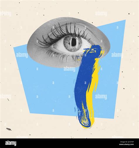 Contemporary art collage. Female eye crying with blue and yellow colors ...