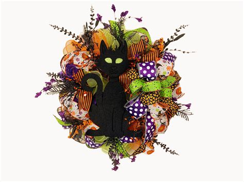 Halloween Wreath For Front Door Halloween Cat Wreath Black Etsy