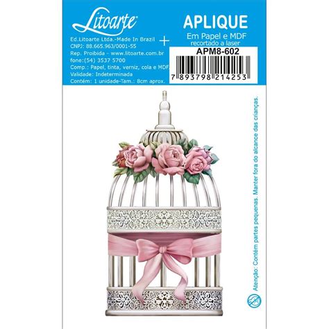 APM8 602 Aplique Em Papel E MDF Gaiola E Rosas Atelie Arte Coisas