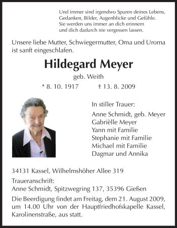 Traueranzeigen Von Hildegard Meyer Trauer HNA De