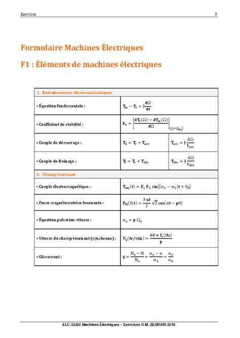 Formulaire des machines électriques Exercices 3 Formulaire Machines