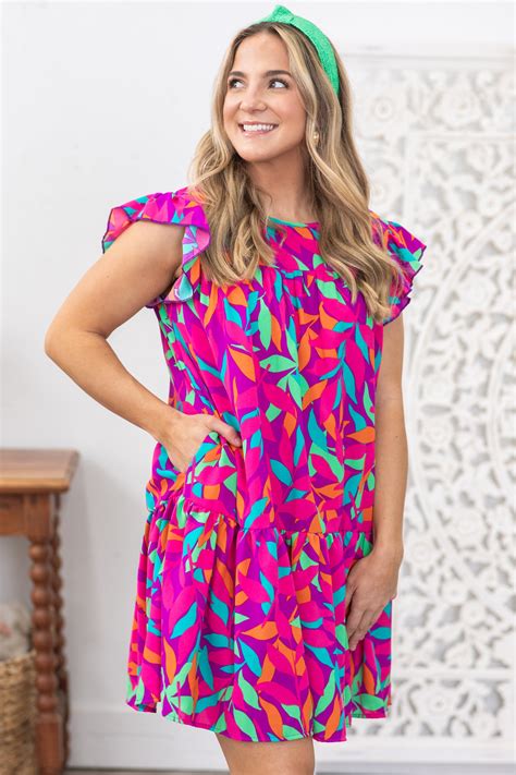 Fuchsia Multicolor Leaf Print Woven Dress · Filly Flair