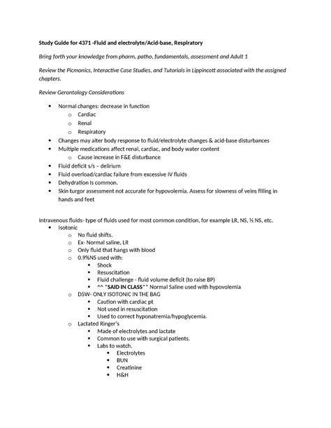 Fluid Electrolyte Acid Base Study Guide For Fluid And