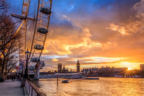 Dramatic Sunset London Eye Westminster Bridge And Big Ben Lon