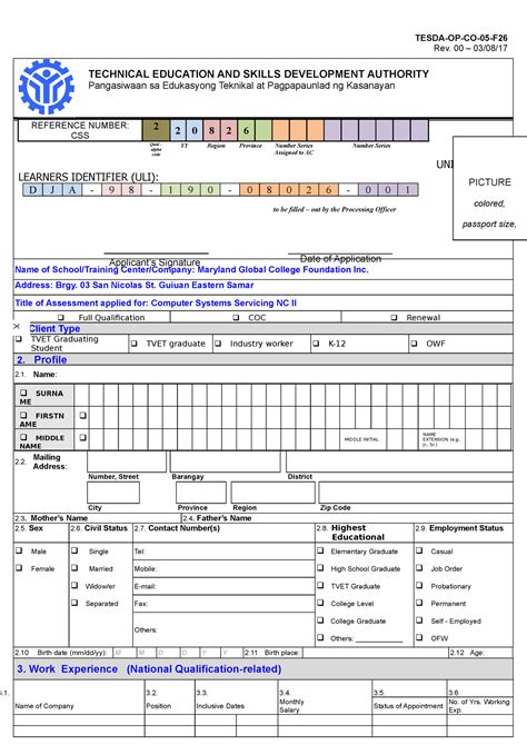 Assessment Application Form Application Form Tesda Op Co F Rev