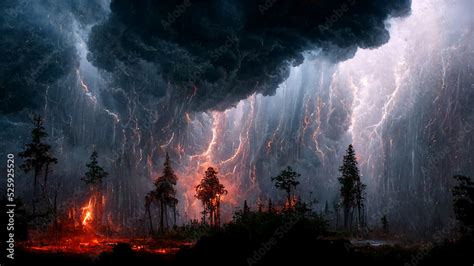 Epic thunderstorm in the night sky. Sparkling bright lightning. Burning ...