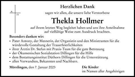 Traueranzeigen Von Thekla Hollmer Allg Uer Zeitung