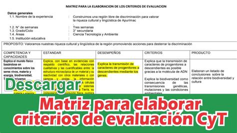 Matriz Para La Elaboraci N De Criterios De Evaluaci N En El Rea De