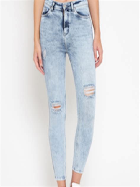 Buy Madame Women Blue Slash Knee Heavy Fade Stretchable Cotton Denim