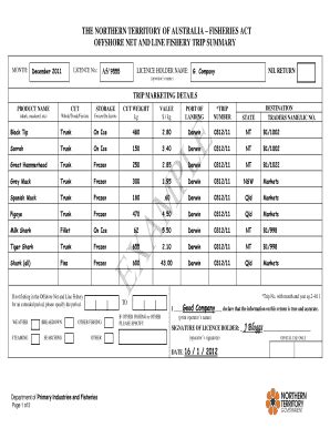 Fillable Online Nt Gov Offshore Net And Line Fishery Logbook Return