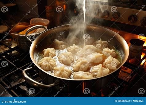 Dumplings Being Cooked In A Pot Of Boiling Water Stock Image Image Of