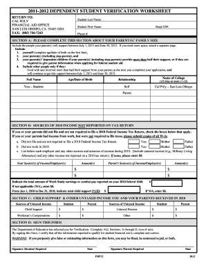 Fillable Online Financialaid Calpoly Dependent Student Verification