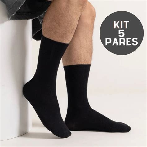 Kit 5 Pares de Meia Adulta Preta Lisa Cano Longo Masculina Algodão