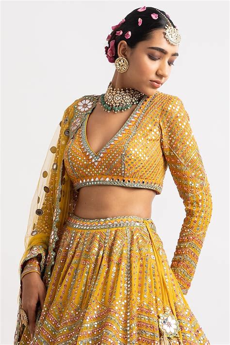 Yellow Georgette Zari Embroidered Bridal Lehenga Set By Vvani By Vani