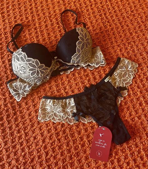 Conjunto Lingerie Preto E Dourado Lingerie Feminina Nocte Brand Nunca