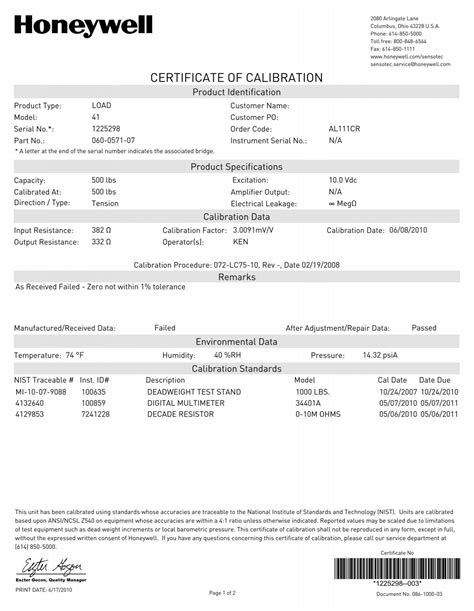 Certificate Of Calibration Honeywell Test And