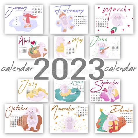 Calendario Orizzontale Con Illustrazioni Di Conigli Per Ogni Mese Del