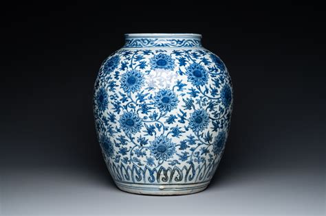 A Large Chinese Blue And White Lotus Scroll Jar Ming Rob Michiels