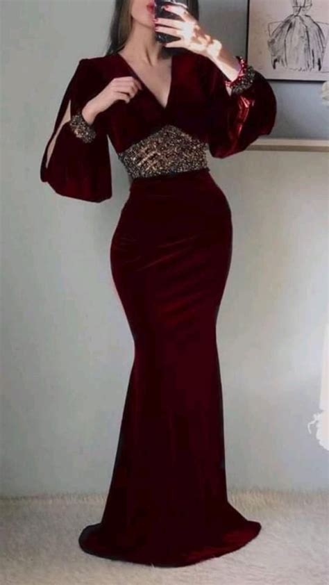 Wine Red Evening Dresses With Sleeves Elegant Evening Wear Velvet