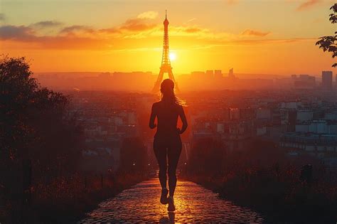 Paris 2024 Olympics A Woman Running To The Eiffel Tower At Sunset