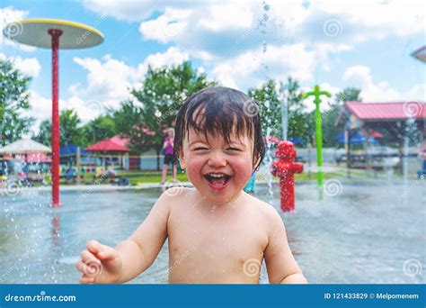 Happy Toddler Boy Playing In Water Park Stock Image Image Of Asian