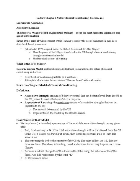 Psy 301 Classical Conditioning Rescorla Wagner Model Ch 4 Lecture