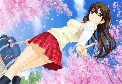 Brunette Long Hair Miniskirt Cherry Blossom Anime Girls Anime