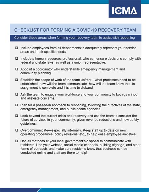 Covid Recovery Team Checklist Icma Org