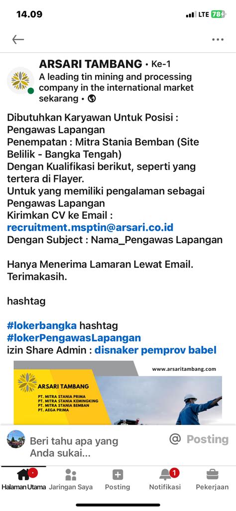 Info Loker Pengawas Lapangan Arsari Tambang Bangka Tengah