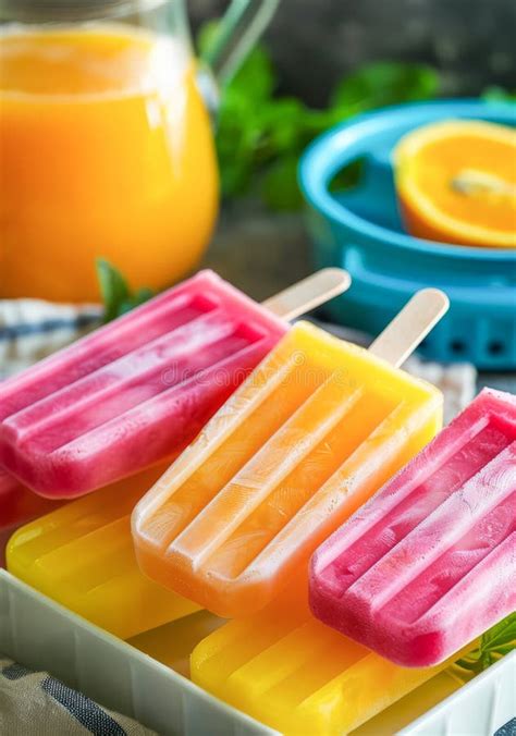 Colorful Homemade Fruit Popsicles On A Summer Day With Fresh Orange