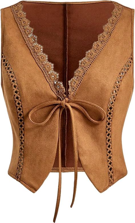 Verdusa Women S Lace Trim Tie Front V Neck Vest Western Cowgirl