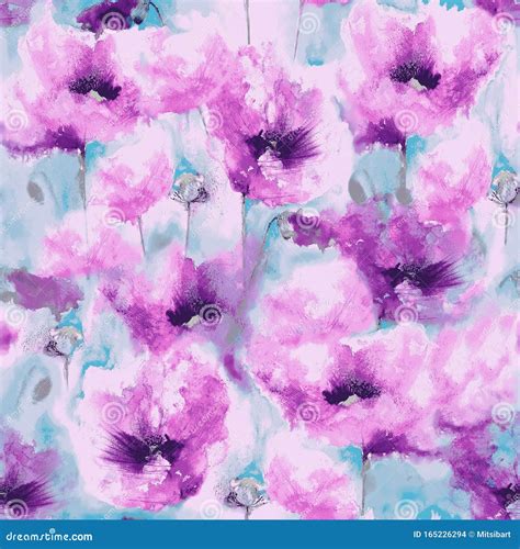 Decorative Pink Poppies Watercolour Seamless Repeat Pattern Stock