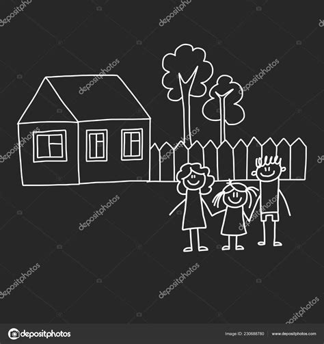 Familia feliz con casa Niños dibujo estilo vector ilustración aislado