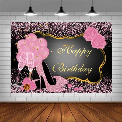 Buy Sweet Pink Happy Birthday Backdrop Rose Gold Shiny Sequin High Heels Champagne Party