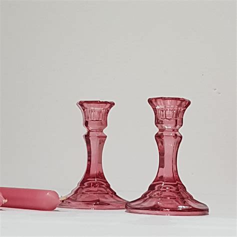 Pair Of Vintage Pink Glass Candlestick Holders Pink Glass Tapered