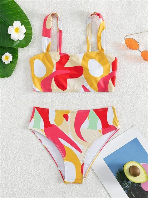 Abstract Print Bikini Set Wide Strap Tank Top High Waisted Bottom