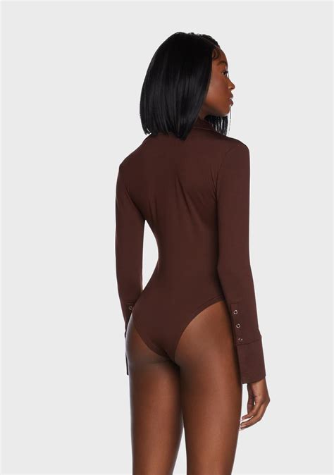 Collared Button Up Long Sleeve Bodysuit Brown Dolls Kill