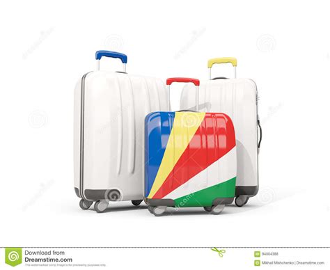 Luggage With Flag Of Seychelles Three Bags Isolated On White Stock