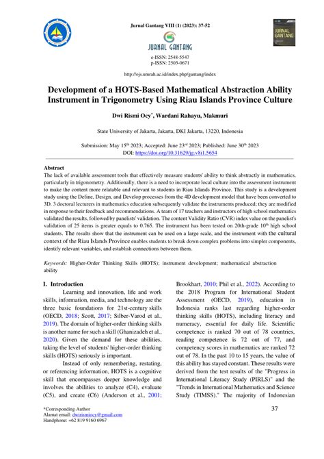 Pdf Development Of A Hots Based Mathematical Abstraction Ability