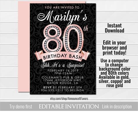 80th Birthday Invitation Adult Birthday Party Invitation Etsy