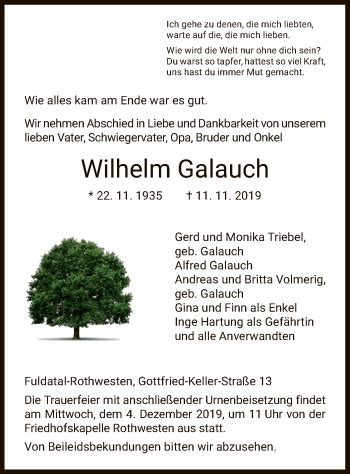 Traueranzeigen Von Wilhelm Galauch Trauer Hna De