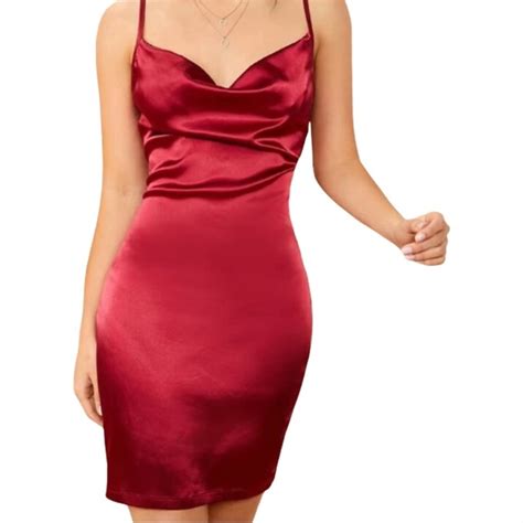 Dresses Satin Ruched Cowl Neck Mini Dress Dark Red Sexy Poshmark