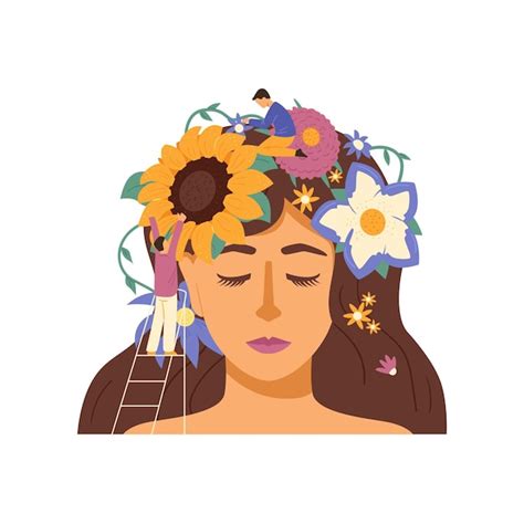 Mujer con cara tranquila y flores en la cabeza como símbolo de salud