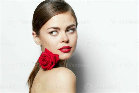 Brunette Nude Shoulders Rose Red Lips Look To The Side Clear Skin