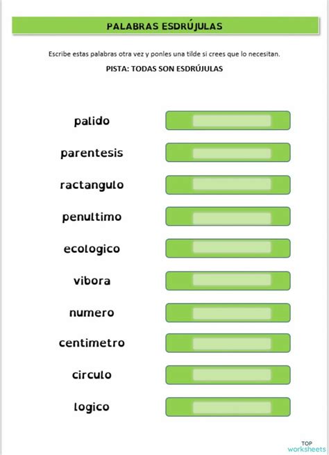 Tilde en palabras esdrújulas ficha para imprimir TopWorksheets