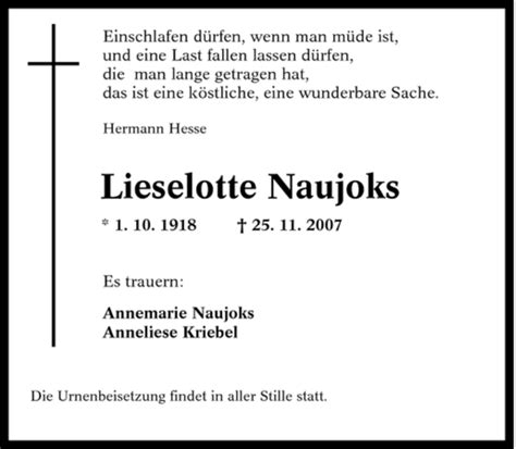 Traueranzeigen Von Lieselotte Naujoks Trauer In Nrw De