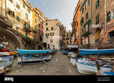 Boats Lying Along Empty Street Coastal Town Along Cinque Terre Hi Res