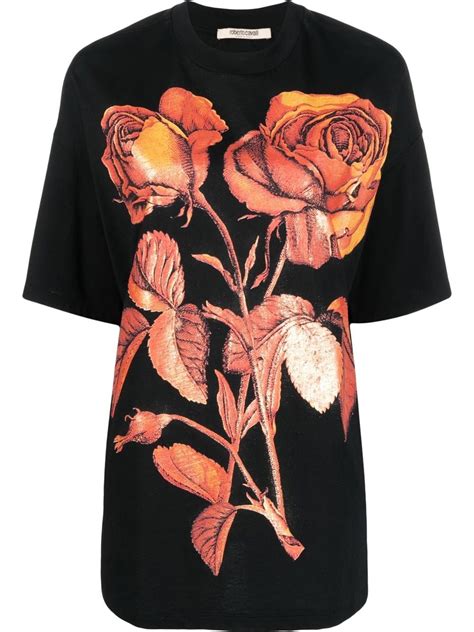 Roberto Cavalli Rose Print T Shirt Black Farfetch